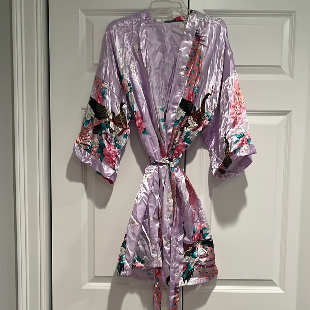 Floral Satin Kimono Robe - Purple